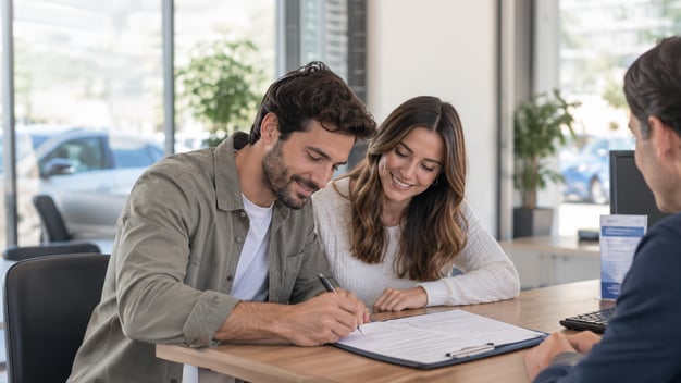 pareja firmando contrato de compra de auto usado en agencia