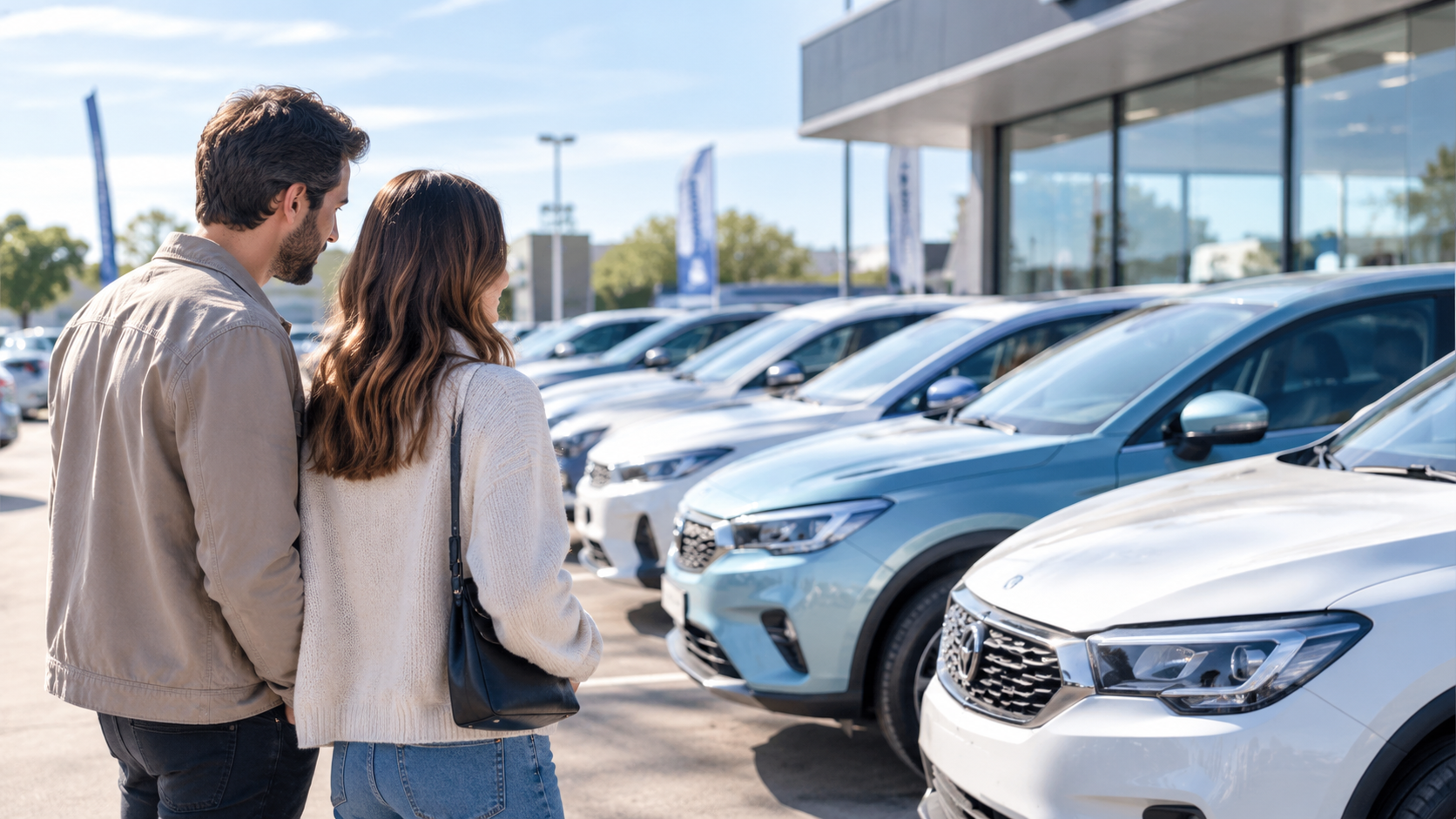 pareja eligiendo auto en agencia multimarca para financiar con crédito prendario